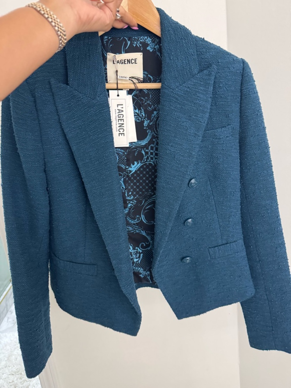 L'AGENCE Teal-Blue Textured Double-Breasted Blazer
